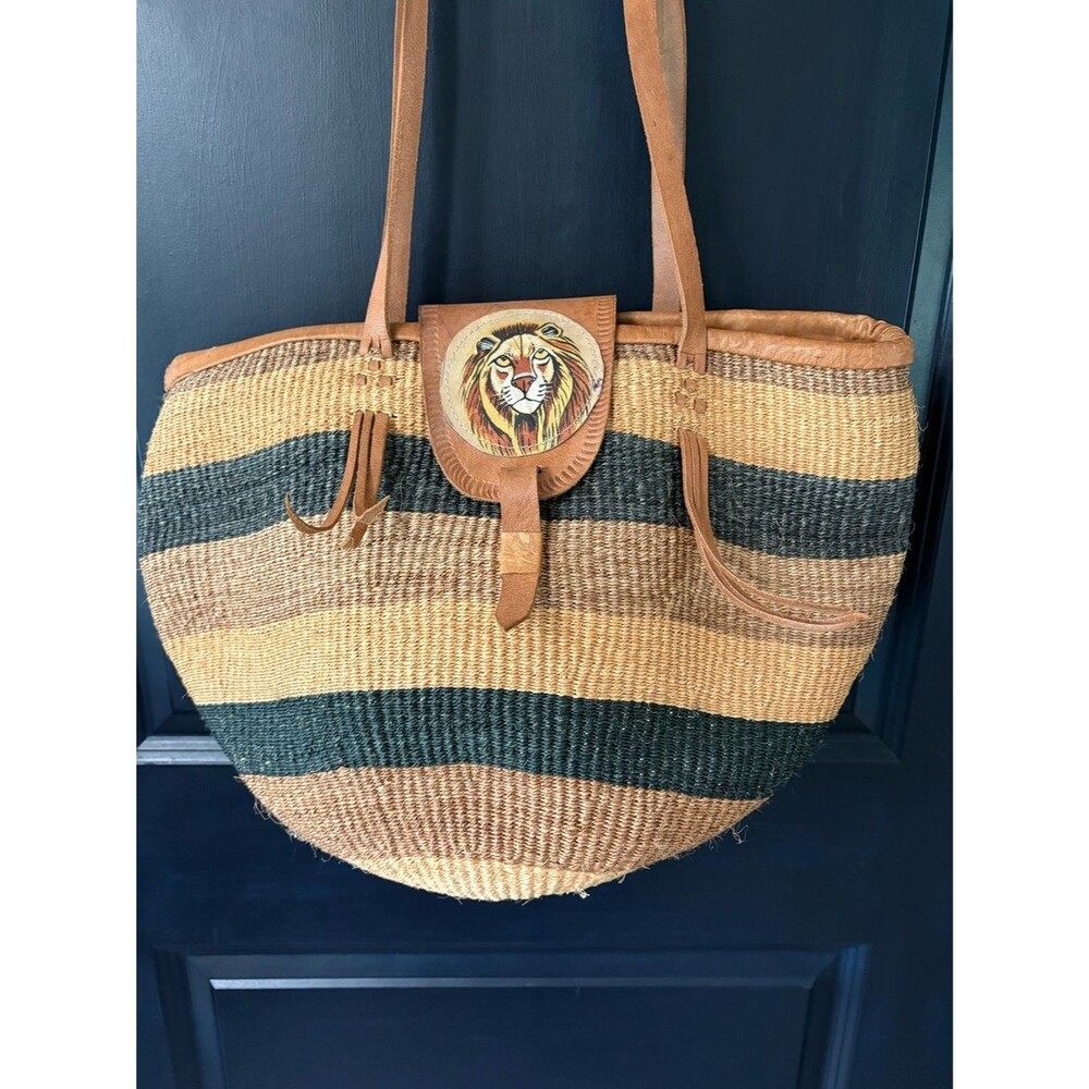 Leather SISAL Bag Vintage 80s Tote Woven MARKET African KIONDA Bag Lion 🦁 King